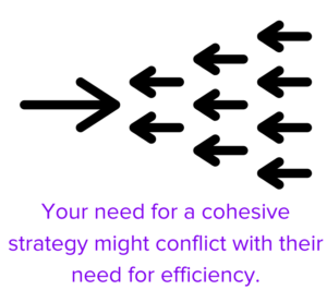 graphic labeled "Your need for a cohesive strategy might conflict with their need for efficiency"